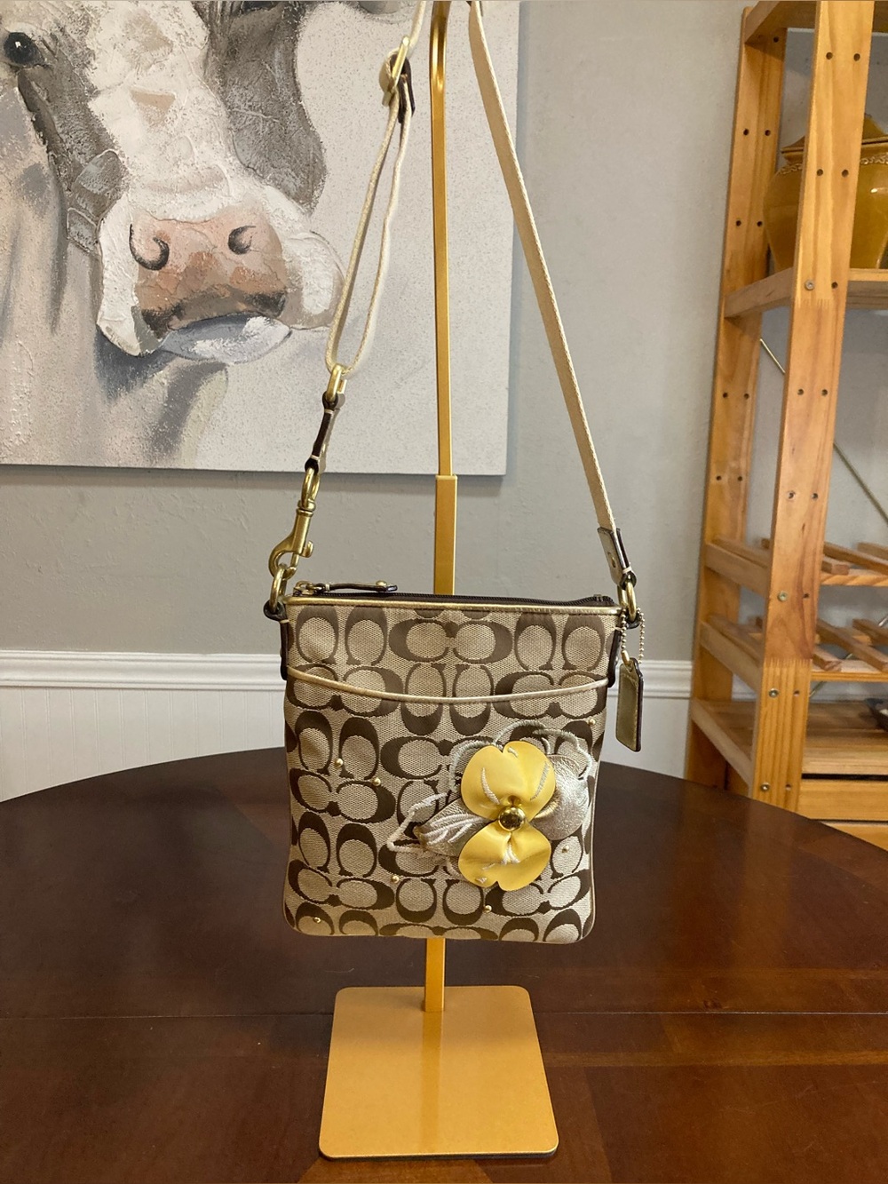 Coach Vintage Signature Canvas Crossbody Bag w/ 3D Floral Appliqué-Khaki/Yellow - Picture 2 of 14